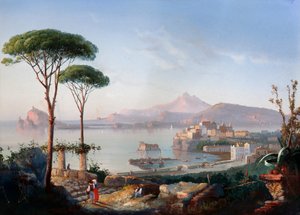 カポ・ミゼーノとイスキア島を背景にしたポッツオーリ湾の眺め（グワッシュ 作： Gioacchino La Pira
