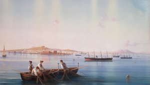 海から見たナポリの風景（ボディカラー・紙 作： Gioacchino La Pira