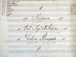 Gioacchino Rossiniの交響曲のバイオリン譜の1ページ目の詳細。