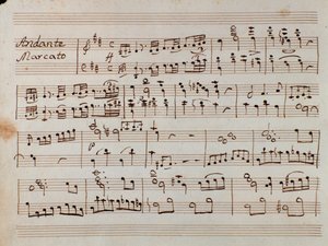 ジョアッキーノ・ロッシーニのオペラ「タンクレディ」のピアノのための縮小交響曲の楽譜の最初のページ。 作： Gioachino Rossini