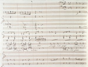 ジョアッキーノ・ロッシーニが手書きで修正した「オリ公爵」の楽譜のページ 作： Gioachino Rossini