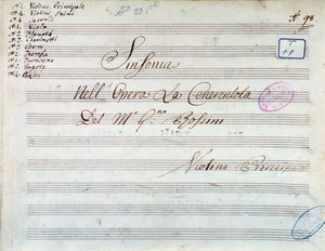 ジョアッキーノ・ロッシーニ作曲「シンデレラ」の交響曲のバイオリンの楽譜のタイトルページ 作： Gioachino Rossini