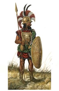 古代ローマ（古風な紀元前753～530年）：戦士の武器、兜、盾、槍の表現（紀元前8世紀の君主時代） 作： ジョルジオ アルベルティーニ