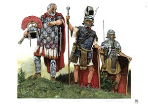 古代ローマ：百人隊長、オプティオ（百人隊長と十人隊長の間の使者）、軍団兵。2世紀 作： ジョルジオ アルベルティーニ