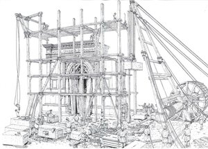 古代ローマ：紀元1世紀のアーチ建設現場の再現。足場と滑車を使って大理石のブロックを吊り上げる作業員たち。イラスト：ジョルジョ・アルベルティーニ。(この著者の作品の使用は 作： ジョルジオ アルベルティーニ