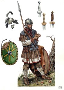 古代ローマ：5、6世紀のローマ歩兵の兵士。 作： ジョルジオ アルベルティーニ