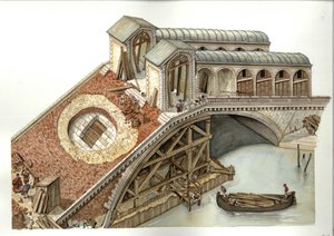建築：1588-1591年、イタリア、ヴェネツィアのリアルト橋建設現場。イラスト：ジョルジョ・アルベルティーニ（この著作者の著作物の使用は、第三者による許可や追加使用料の支払いを条件とするものではありません。