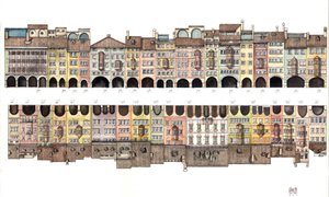 建築：イタリア、ボルツァーノ市から見たポルティチ通りの平面図、ポルティコ付きの屋根付き回廊、色彩豊かな家々。(この著作者の著作物の使用は、以下の著作者の許諾を得ることを条件とするものではありません。 作： ジョルジオ アルベルティーニ