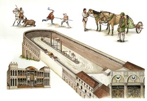 ビザンティウム：4世紀にコンスタンティヌス1世によって建設された、ローマのサーカスに似た戦車競走用の競技場、コンスタンティノープル競馬場の復元。競馬場の中央には、オベリスクと円柱が装飾として使われている。現在のトルコ、イスタンブール
