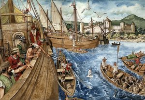 アフリカのゴールドコースト（ガーナ）の植民地化：ポルトガルは1482年1月21日にギニー海岸に出発し、金と奴隷貿易を強化するためにサン・ジョルジェ・デ・ミナ（エルミナ）の砦を築いた。アフリカ沿岸を代表するポルトガルのキャラベル。イル 作： ジョルジオ アルベルティーニ