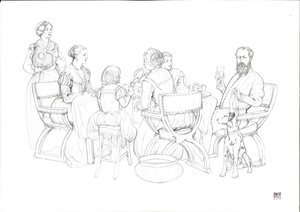 日常生活 ルネッサンス：ブルジョワ家族の食事風景 作： ジョルジオ アルベルティーニ