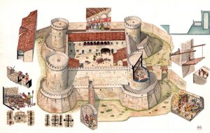 イタリア、バジリカータ州ポテンツァ近郊にある、1470年にピッロ・デル・バルツォによって建てられたアラゴン人のヴェノーザ城の詳細上空写真。 カップからは、牢獄として機能した塔の中の独房にいる囚人を見ることができる。詳細図では、防御態勢にある兵士たちを見ることができる。 作： ジョルジオ アルベルティーニ