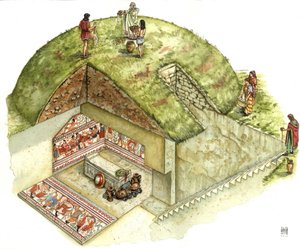 エトルリア文明：タルクイニアのネクロポリス、トリクリニオ（トリクリニウム）の墓の復元と切断。紀元前5世紀 イタリア ジョルジョ・アルベルティーニのイラスト。 作： ジョルジオ アルベルティーニ