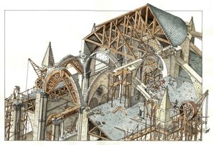 ゴシック美術：ゴシック聖堂の建設現場の再現。足場に登った作業員が滑車を使っている。13世紀 ジョルジョ・アルベルティーニによるイラスト。(この著作者の著作物の使用は許可申請の対象ではありません。
