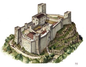 中世建築：カノッサ伯爵夫人マチルド・デ・カノッサ（またはトスカーナ伯爵夫人マチルド）（1046～1115）と教皇グレゴワール7世（1015/20～1085）が避難した11世紀のカノッサ城の復元。イタリア イラスト：Gior 作： ジョルジオ アルベルティーニ