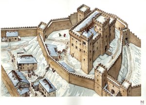 中世建築：14世紀のウディネ市の城の復元。イタリア イラスト：ジョルジョ・アルベルティーニ(この著作者の著作物の使用は、第三者からの許諾申請や、著作権料の支払いを条件とするものではありません。 作： ジョルジオ アルベルティーニ