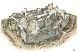 中世：13世紀、トゥールーズとトリポリの伯爵レイモン・ド・サンジル（レイモン1世）（1042～1105年）として知られるトゥールーズのレイモン4世が1100年頃に建てた城、騎士団のクラック（カラア・エル・フスンまたはカラア・アル・ホスン）の航空写真。