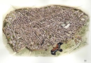 中世：オスマン帝国の一部であったシリアのダマスカスの航空写真。 作： ジョルジオ アルベルティーニ