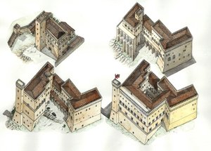 中世：12世紀から15世紀にかけてのバチカン宮殿（ヴァチカーノ）の様々な建設段階の航空写真。ローマ イタリア 作： ジョルジオ アルベルティーニ