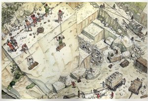 中世：15世紀にカッラーラ（Carrara）の大理石の採石場で働く労働者を表現した航空写真。採石、ブロックの大きさ、運搬など、さまざまな工程が表現されている。イタリア Giorgio Albertiniによるイラスト。(筆者のw 作： ジョルジオ アルベルティーニ
