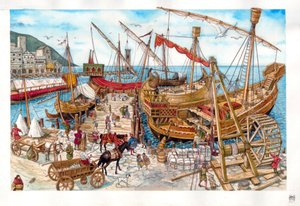 中世：リグーリア地方の港での商業活動、船の積み込み。イタリア 14世紀 作： ジョルジオ アルベルティーニ