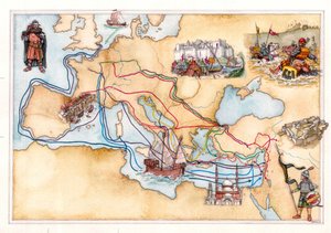 中世：ヨーロッパと中東の地図で、さまざまな十字軍の時代に十字軍が使用した陸路と海路を示す。 作： ジョルジオ アルベルティーニ