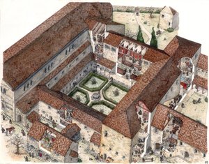 中世：修道院の再建と修道女または修道士の生活。カットによって内部の様子を見ることができる。イラスト：ジョルジョ・アルベルティーニ。(この作者の作品の使用は、第三者からの許可申請は必要ありませんo 作： ジョルジオ アルベルティーニ