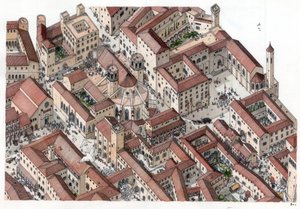 中世：14世紀にバルセロナの歴史的なBarri Gotic（barrio gotico）地区が再建された。サント・エウラリエ聖堂が見える。スペイン イラスト：ジョルジョ・アルベルティーニ。(この作者の著作物の使用は、著作権法で禁じられている。 作： ジョルジオ アルベルティーニ