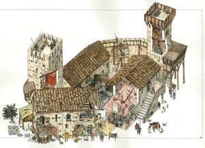 中世：13世紀のイタリア中部地方の城の復元。カットによって、城内での活動や、塔に配置された防衛のための兵士たちの様子を見ることができる。イラスト：ジョルジョ・アルベルティーニ。(筆者の 作： ジョルジオ アルベルティーニ