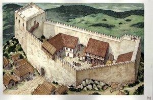 中世：フランス、アリエージュにあるモンセギュールのカタリ派の城（13世紀に完成）の復元。 作： ジョルジオ アルベルティーニ