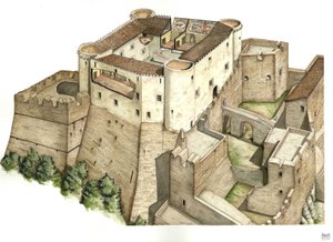 中世：カタンザロにある11世紀に建てられたサンタ・セヴェリーナ城の復元。イタリア・カラブリア州 イラスト：Giorgio Albertini.(本著作物の使用は、第三者への許諾申請や 作： ジョルジオ アルベルティーニ