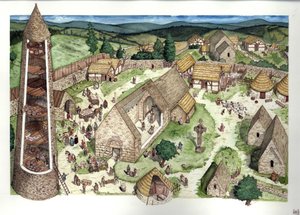 中世：隠者司祭であった聖ケビンによって設立されたグレンダローの古い修道院の再建。9世紀には宗教教育の場となった。丸い塔の断面にケルト十字が見える。9世紀アイルランド図