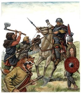 中世：ロンセスヴォーの戦い（スペイン・バスク地方）の光景。778年、カール大帝の軍団のフラン騎手がムーア人と戦う。8世紀 ジョルジョ・アルベルティーニのイラスト。