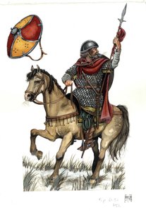 中世：カロリング朝重騎兵の兵士。8世紀 作： ジョルジオ アルベルティーニ