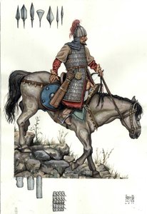 中世：ハンガリー重騎兵の兵士。9世紀 作： ジョルジオ アルベルティーニ
