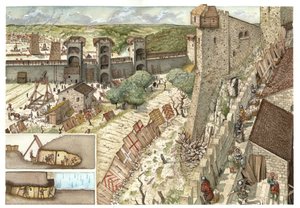 中世：ローマ近郊の都市ヴィテルボ（ヴィテルボ）の包囲戦。ローマ教皇を支持するゲルフェ派と、皇帝フリードリヒ2世ホーエンシュタウフェン（1194～1250年）の軍隊を支持するジベリン派が1240年に切望した。イタリア。左下は
