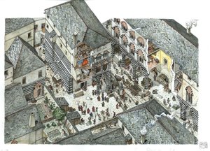 中世：15世紀のジェネスの商人貴族の宮殿（クーリアまたはクーリア）の眺め、街並み、イタリア ジョルジョ・アルベルティーニのイラスト。