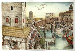 中世：11世紀のリアルト橋の様子とイタリア、ヴェネツィアの活動。 作： ジョルジオ アルベルティーニ
