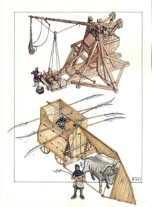 中世：戦争機械、研ぎ澄まされた槍を持った牛が発射するカタパルトと戦車の模型。 作： ジョルジオ アルベルティーニ