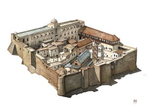 エジプトにあるシナイ正教会の聖カタリナ修道院の概要。イラスト：ジョルジョ・アルベルティーニ。(この著作者の著作物の使用は、第三者への許可申請や追加料金の支払いを条件としない）。 作： ジョルジオ アルベルティーニ