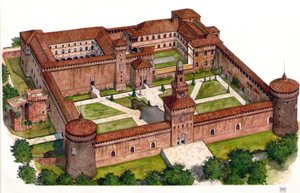 15世紀にフランチェスコ・スフォルツァ公がイタリア・ミラノに築いたスフォルツァ城（カステッロ・スフォルツェスコ）の概要。 作： ジョルジオ アルベルティーニ