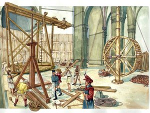 ルネサンス：建築家フィリッポ・ブルネレスキの設計によるサンタ・マリア・デル・フィオーレ教会（ドゥオーモ）のドームの建設現場の復元。1436.フィレンツェ イタリア ジョルジョ・アルベルティーニによるイラスト。(この作者の作品の使用は禁止されています。 作： ジョルジオ アルベルティーニ
