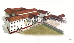Roman Antiquite：4世紀、イタリア、オスティア・アンティカ（古代オスティア）のマリン・ポルト・ドムス（domus di porta marina）遺跡の復元。 作： ジョルジオ アルベルティーニ