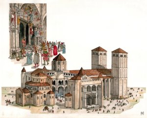 ロマネスク芸術：スペインのサンティアゴ・デ・コンポステーラにある、11世紀から12世紀にかけて建設されたサンティアゴ・デ・コンポステーラ大聖堂の概要。 作： ジョルジオ アルベルティーニ