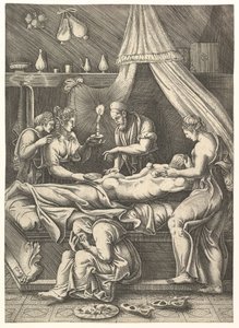 病気の寓話、人物に囲まれたベッドにひれ伏した男。 1540年。 作： Giorgio Ghisi