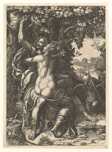 アンジェリカとメドーロ、抱き合うカップル、メドーロの樹皮に名前を刻む...、ca。 1570。 作： Giorgio Ghisi