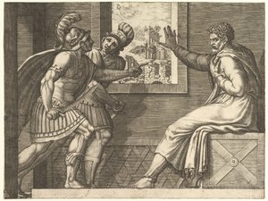 刑務所にいるカイウスマリウス、1560年から69年に彼の独房に入る2人のシンブリアン兵士。 作： Giorgio Ghisi