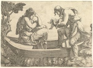 ダナエと幼児のペルセウスは、1543年にアクリシウスによって海に追い出されました。 作： Giorgio Ghisi