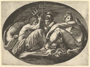 冥王星、海王星、ミネルバ、アポロ、フランチェスコ P. による一連の 8 つの作品から、1560 年代。 作： Giorgio Ghisi