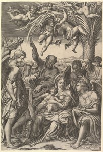 エジプトへのフライトで休む、天使に囲まれたヤシの木の下の聖家族、入れられた...、1578年。 作： Giorgio Ghisi